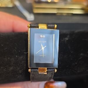 Revlon Black and Gold Rectangular Dress Watch